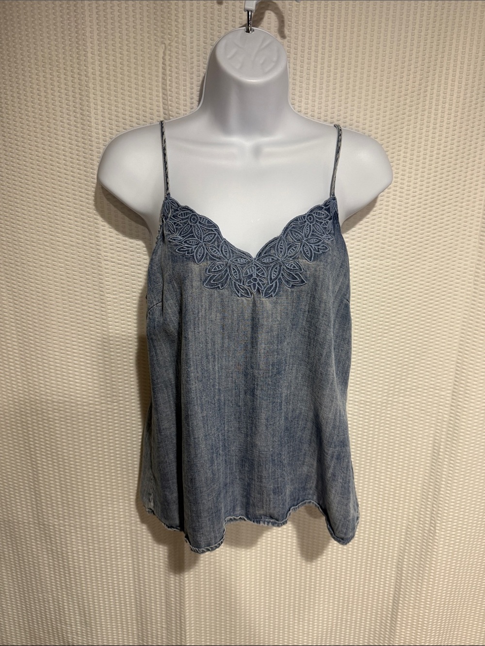 Skies Are Blue Washed Denim-Effect Lace Trim Cami